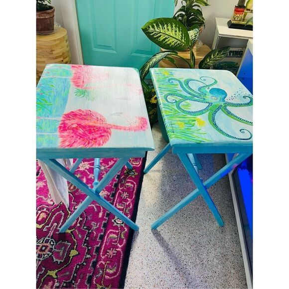 Flamingo Tray Table Hand Painted Coastal Original Vintage Rare Wood L19” W14” H2 - Picture 11 of 16